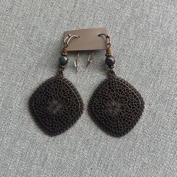 Bronze Boho Filigree Earrings Brown Dangle Beaded Wire Closure Diamond Shape NWT - Picture 1 of 4